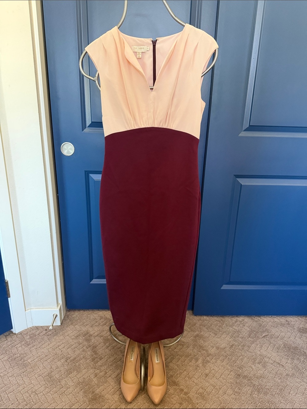 Ted Baker Two-Tone Pencil Dress in Blush and Burgundy